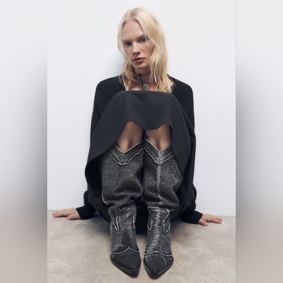 RHINESTONE DENIM COWGIRL BOOTS BY ZARA - Picture 1 of 15